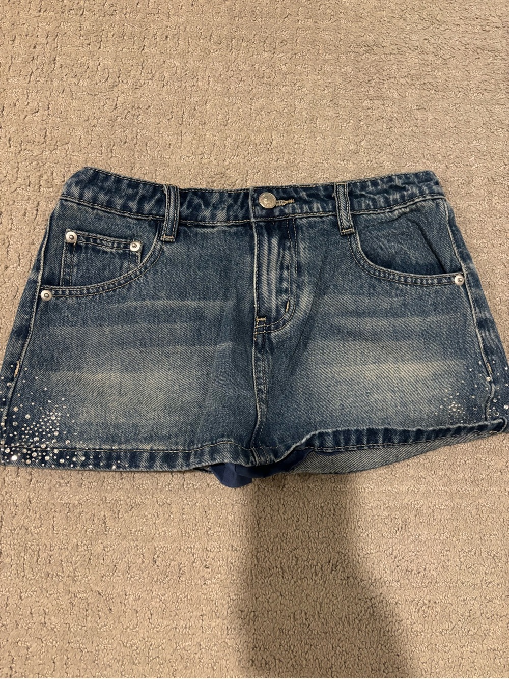 Princess Polly Dark Blue Denim Jean Shorts with Stud Accents